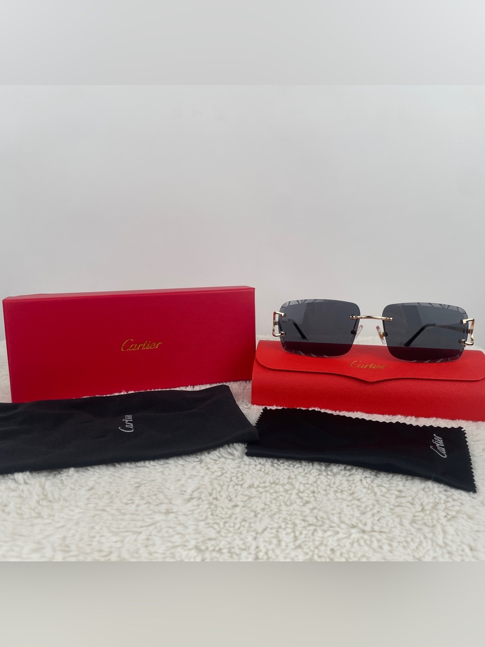 Cartier Big C Diamond Cut Sunglasses Black Lenses Gold Frame
